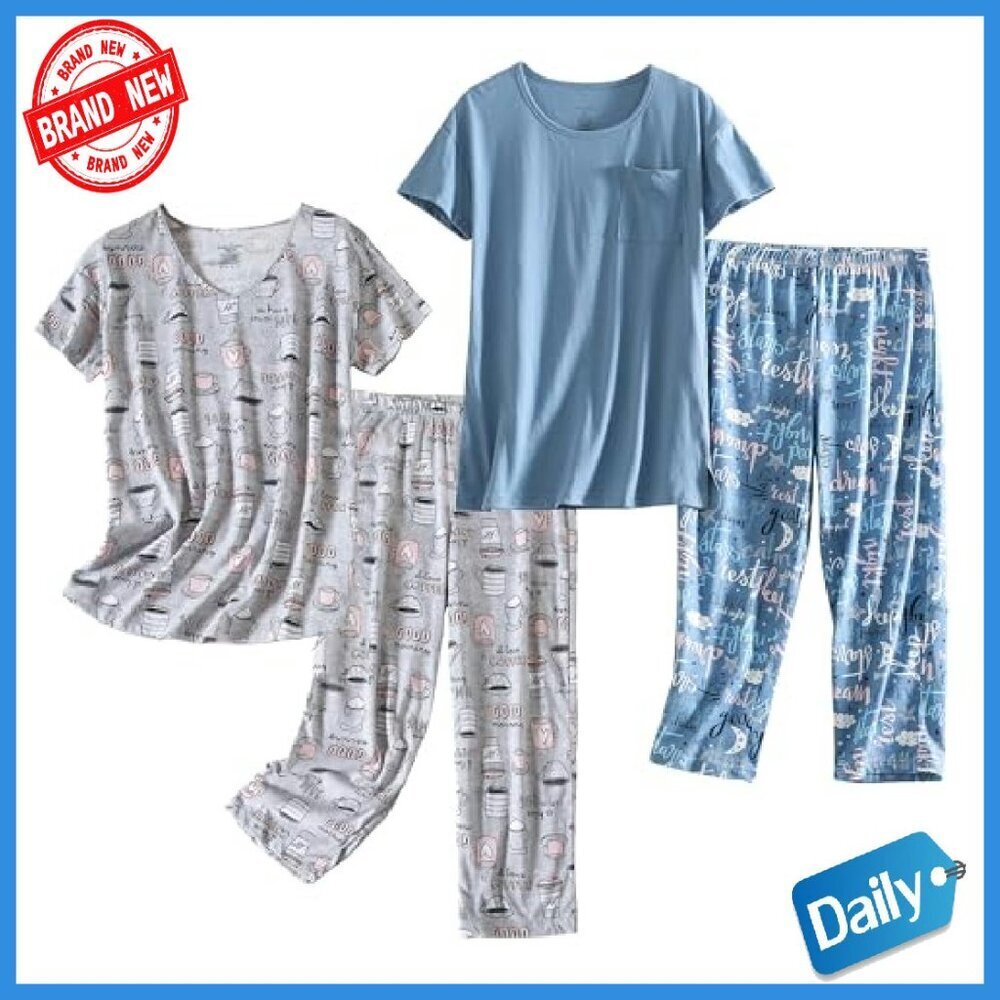 Cotton Pajama Set Short Sleeve Capri Pants Loungewear S-3XL - Picture 2 of 8